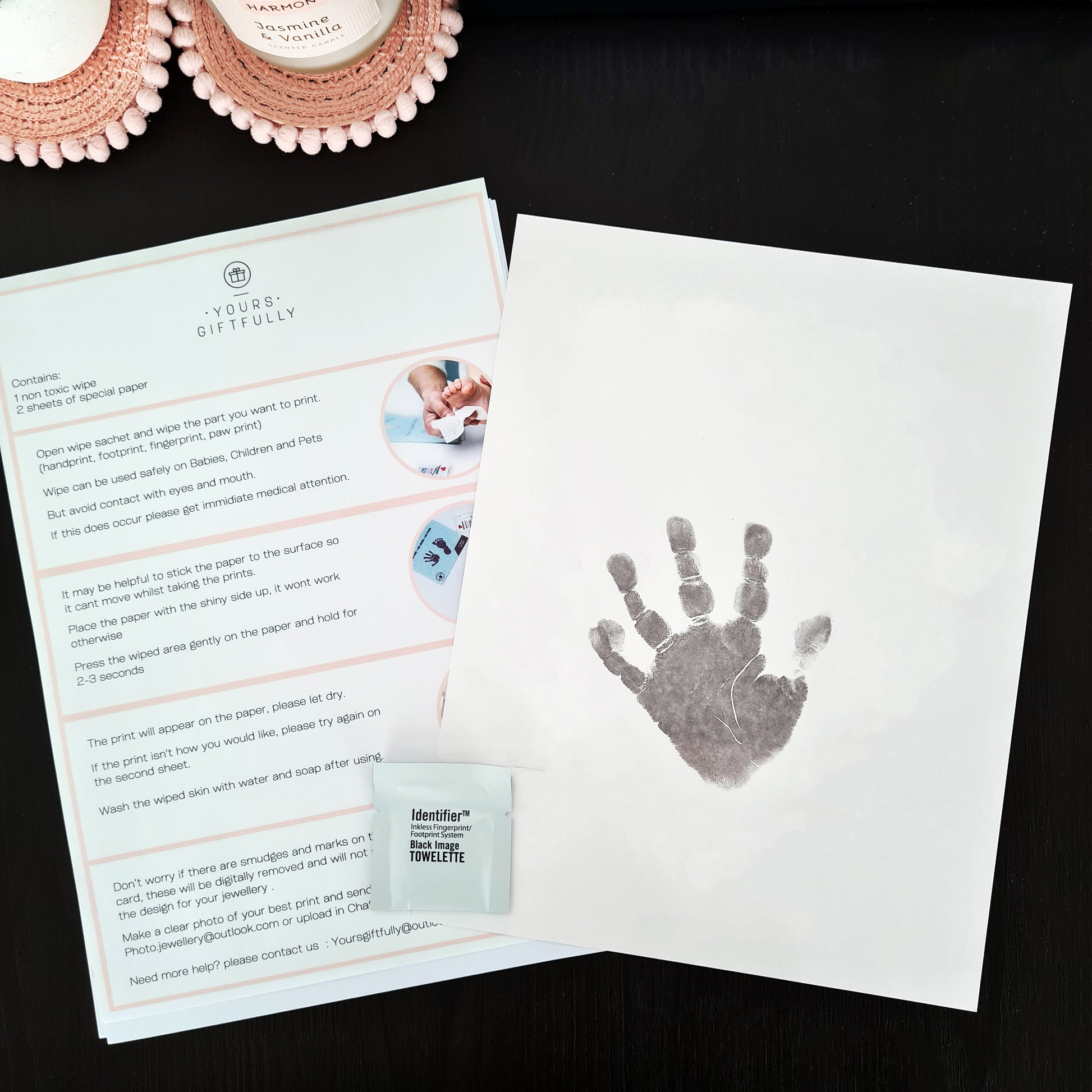 Personalised handprint kit with hand print on white paper