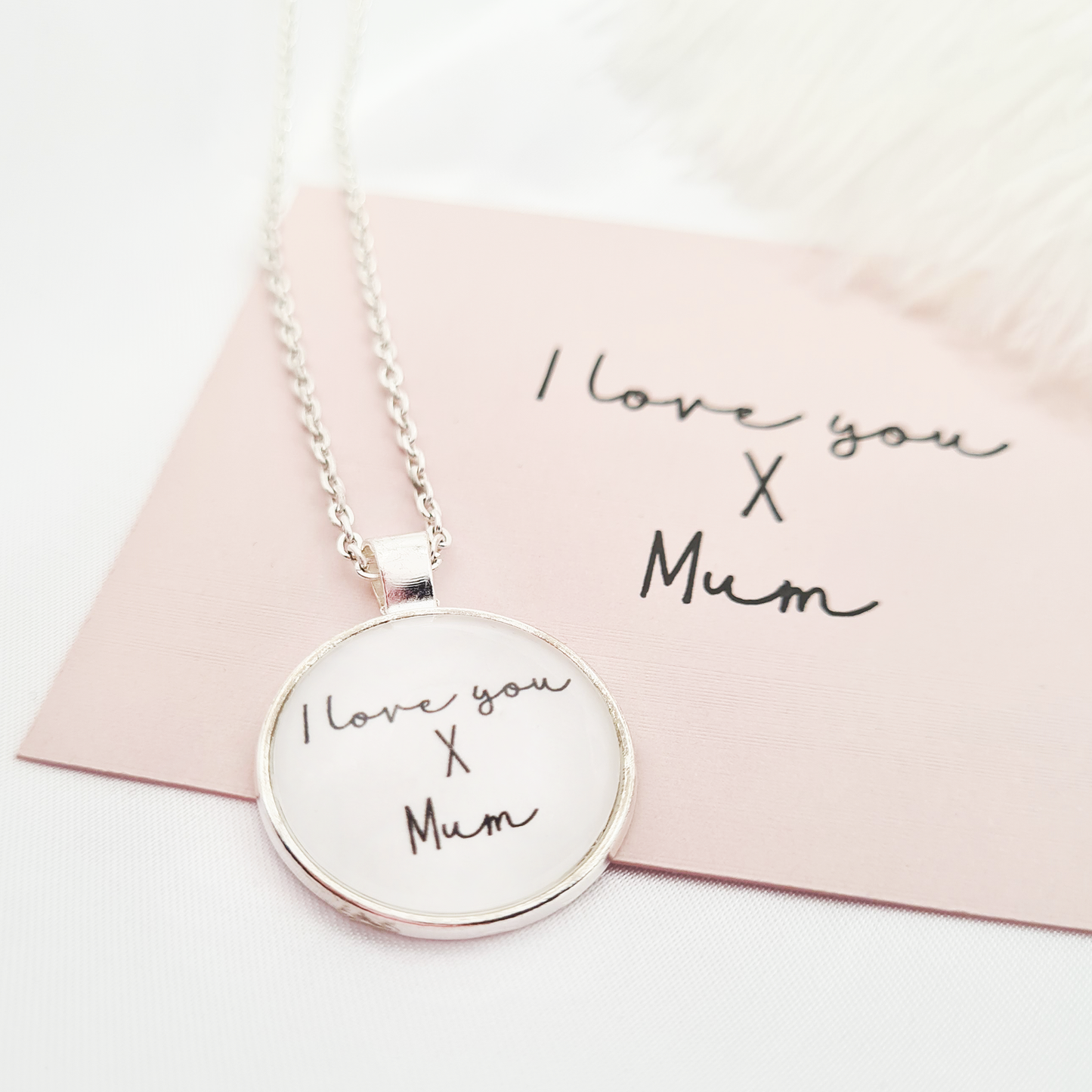 Personalised handwriting necklace pendant with silver chain and pink backing card