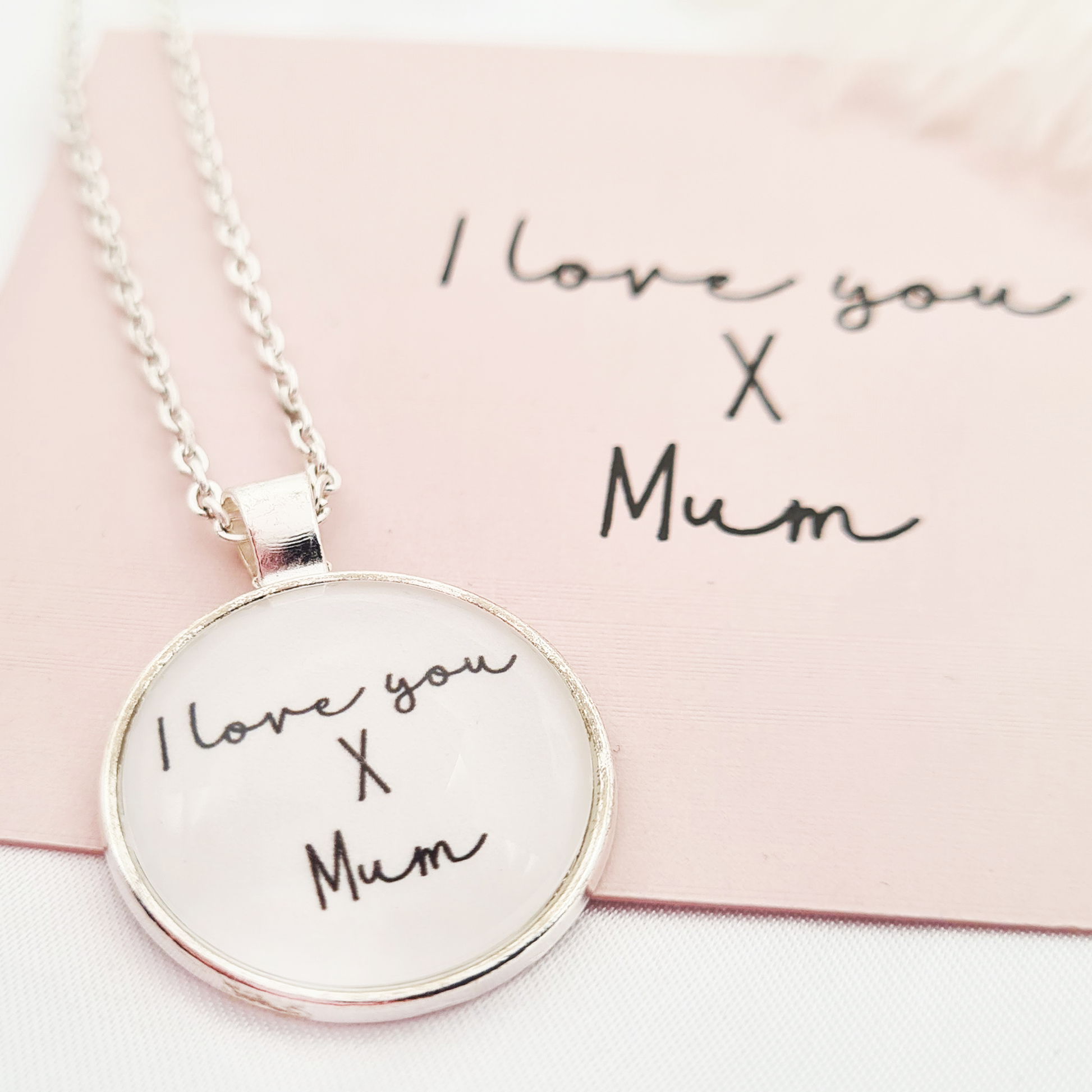 Personalised handwriting necklace and pendant with pink card in background