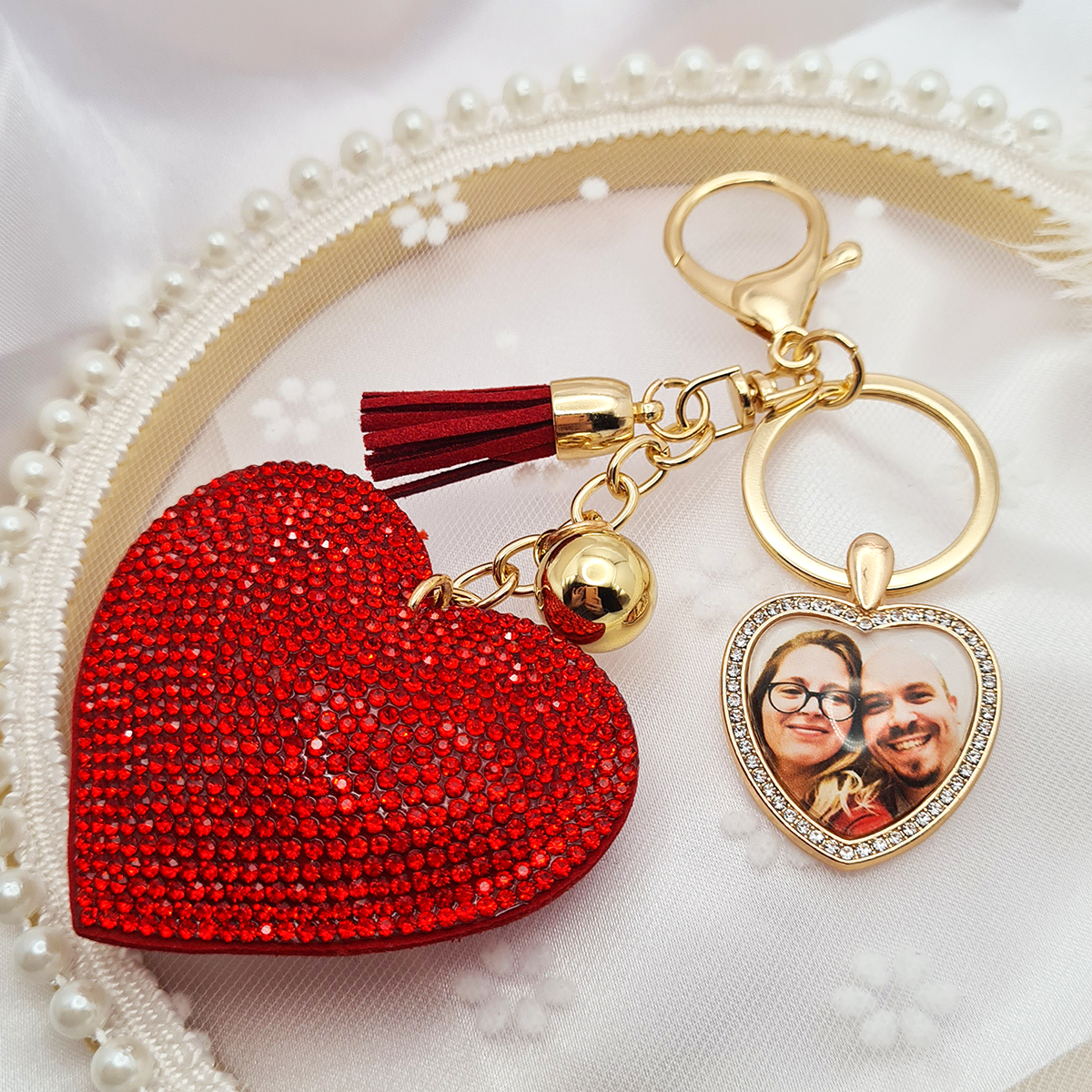 Big red heart with gold heart shaped pendant with a personalised photo in glass