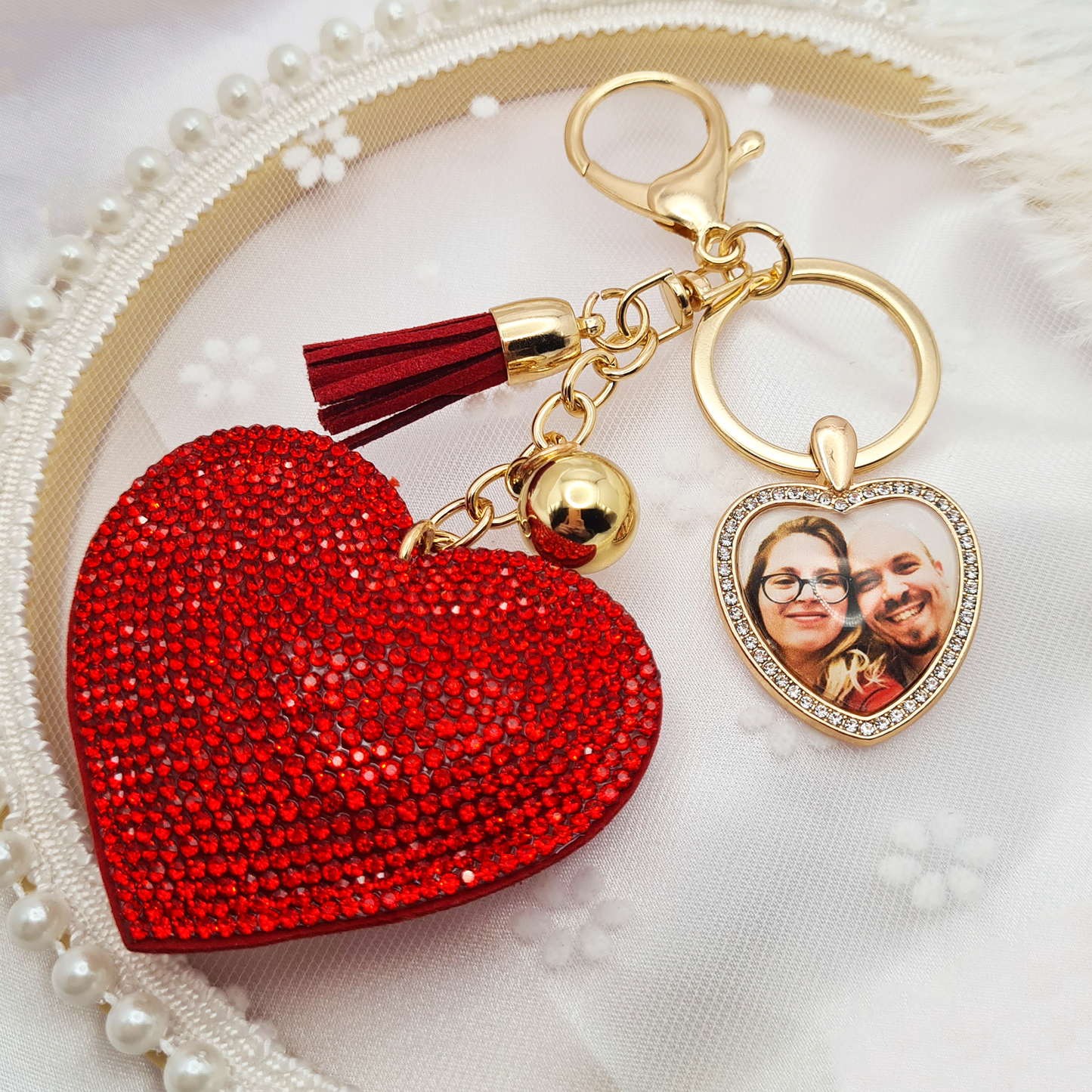 Big red heart with gold heart shaped pendant with a personalised photo in glass