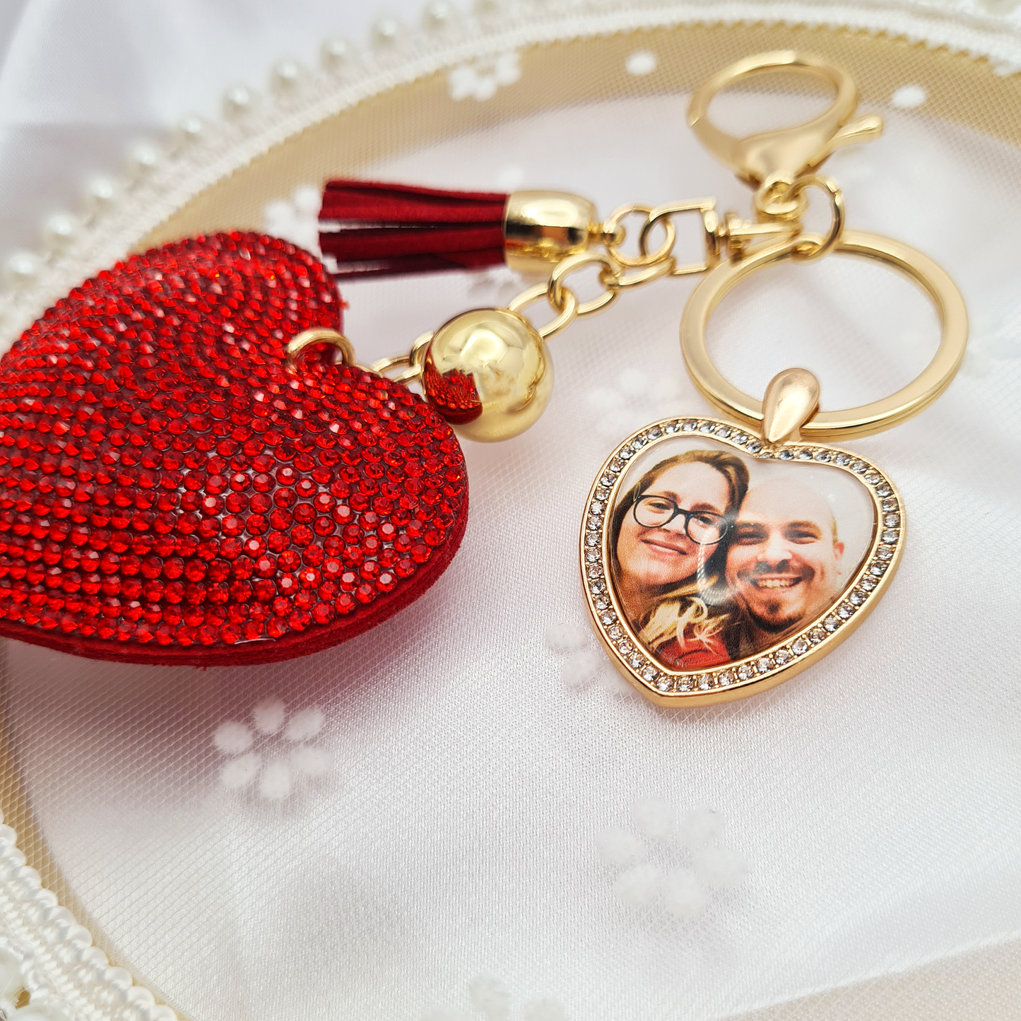 Big red heart with gold heart shaped pendant with a personalised photo in glass