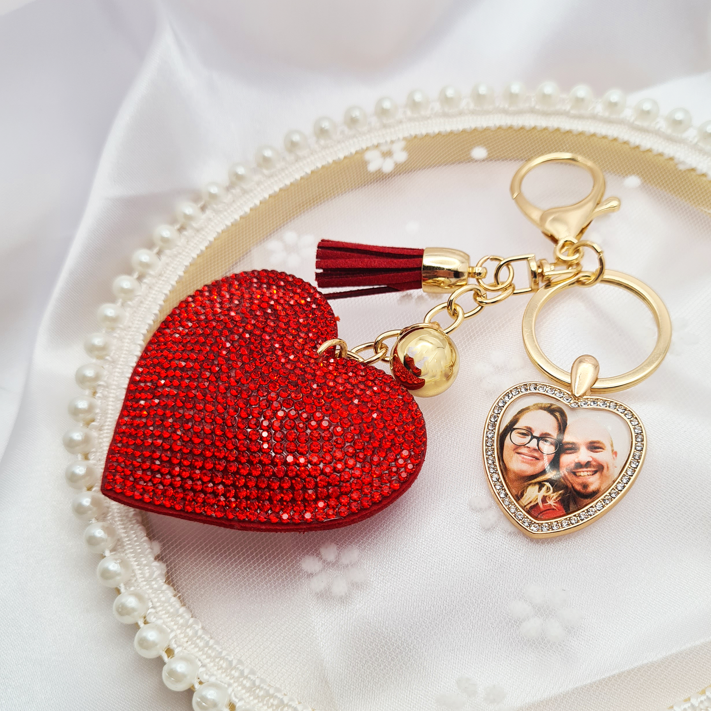 Big red heart with gold heart shaped pendant with a personalised photo in glass