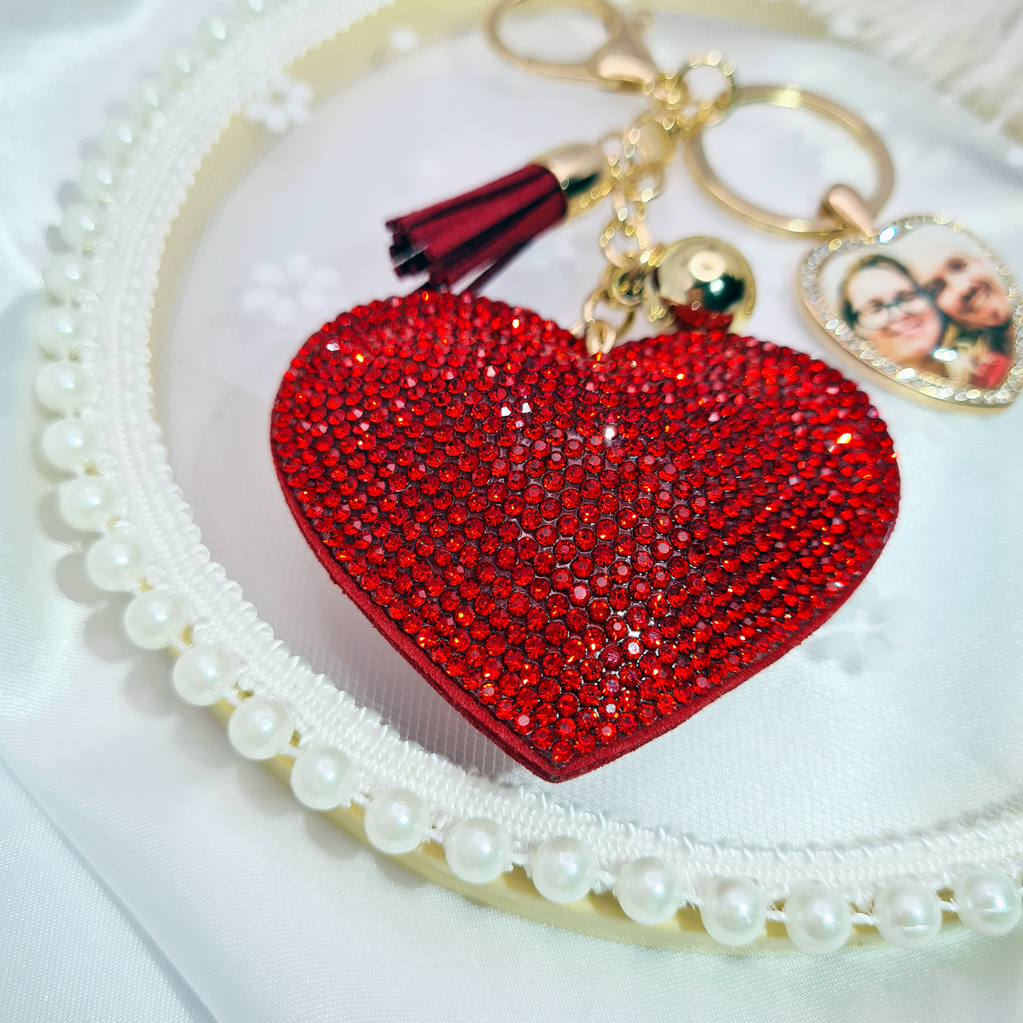 Big red heart with gold heart shaped pendant with a personalised photo in glass