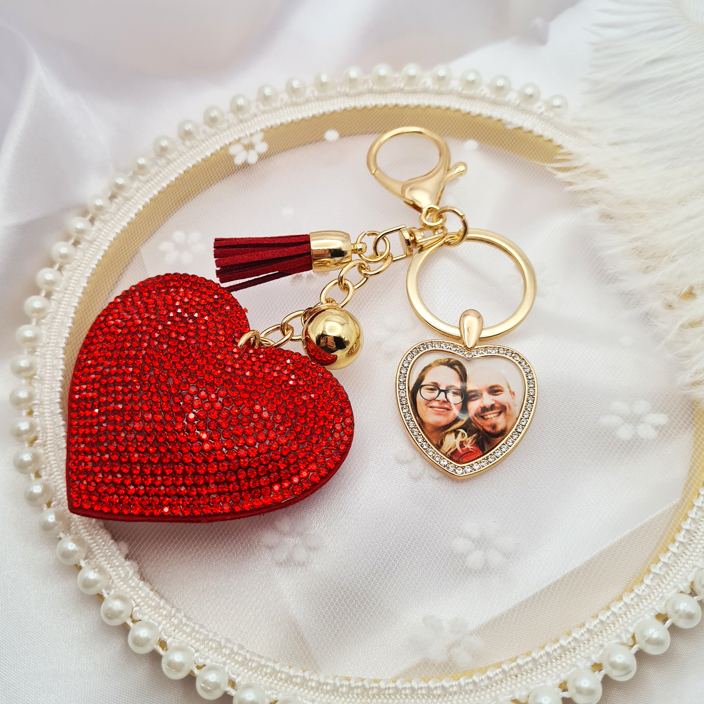 Big red heart with gold heart shaped pendant with a personalised photo in glass