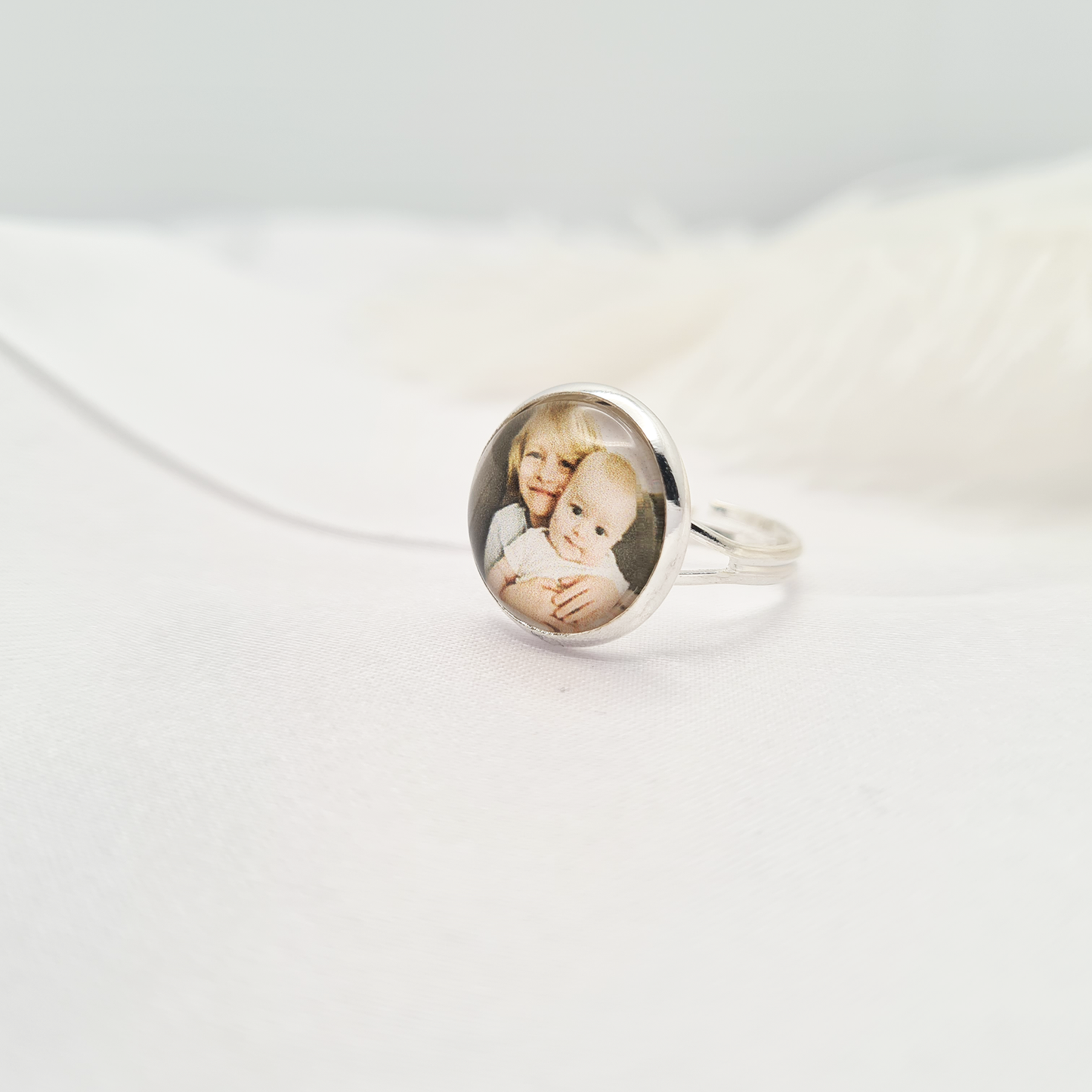 Silver ring personalised with a photo set in glass