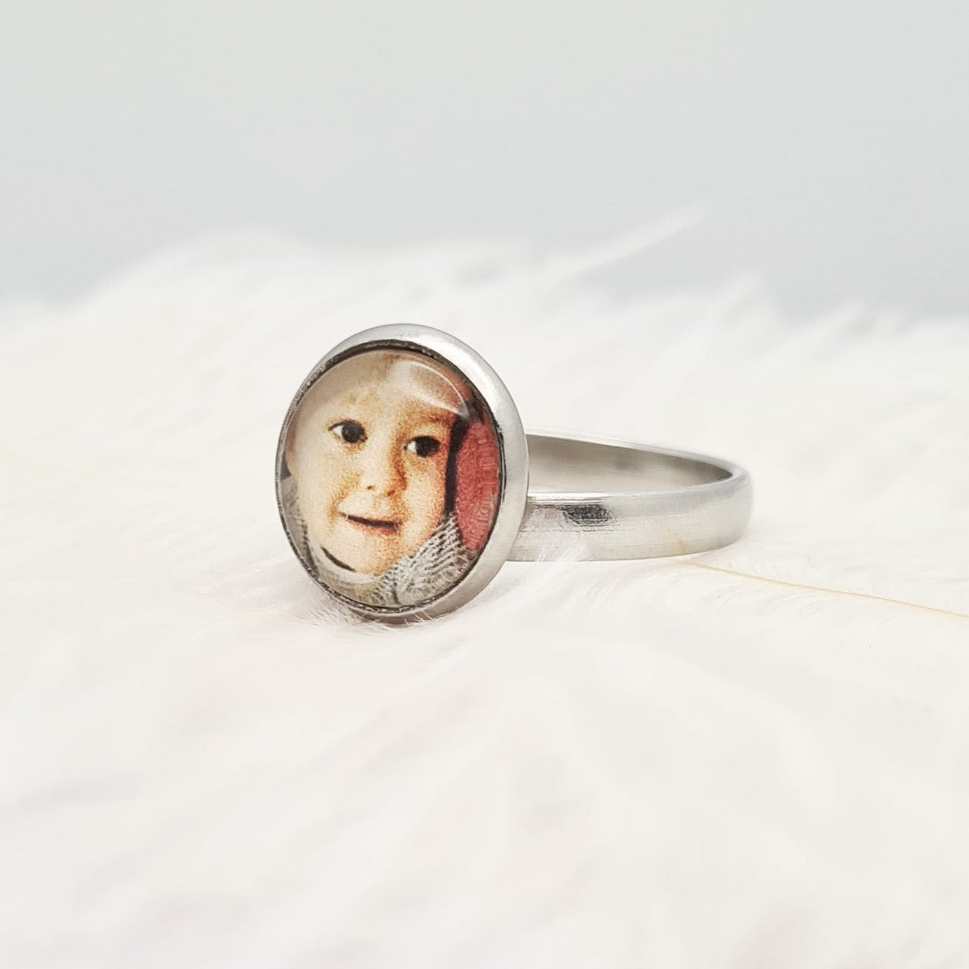 Stainless steel ring personalised with a photo set in glass