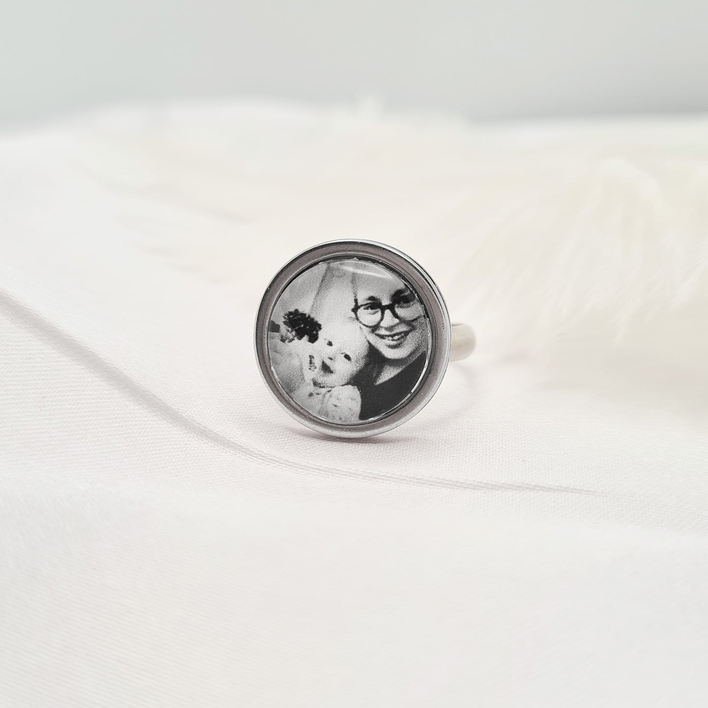 Stainless steel ring with personalised photo set in glass