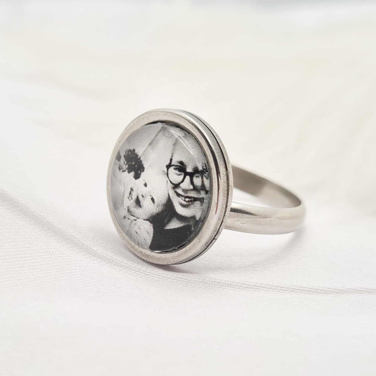 Stainless steel ring with personalised photo set in glass