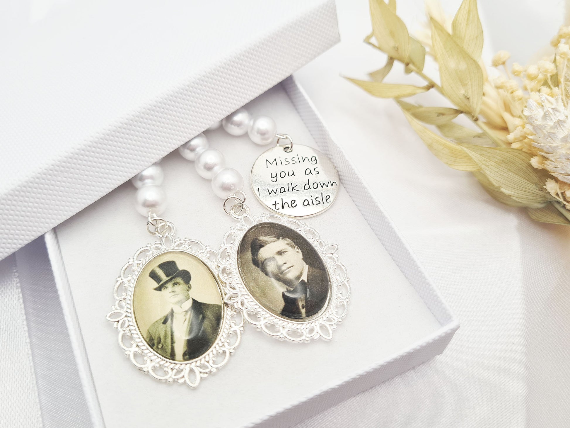 bridal bouquet charms with white pearls and personalised with photos. in white gift box 