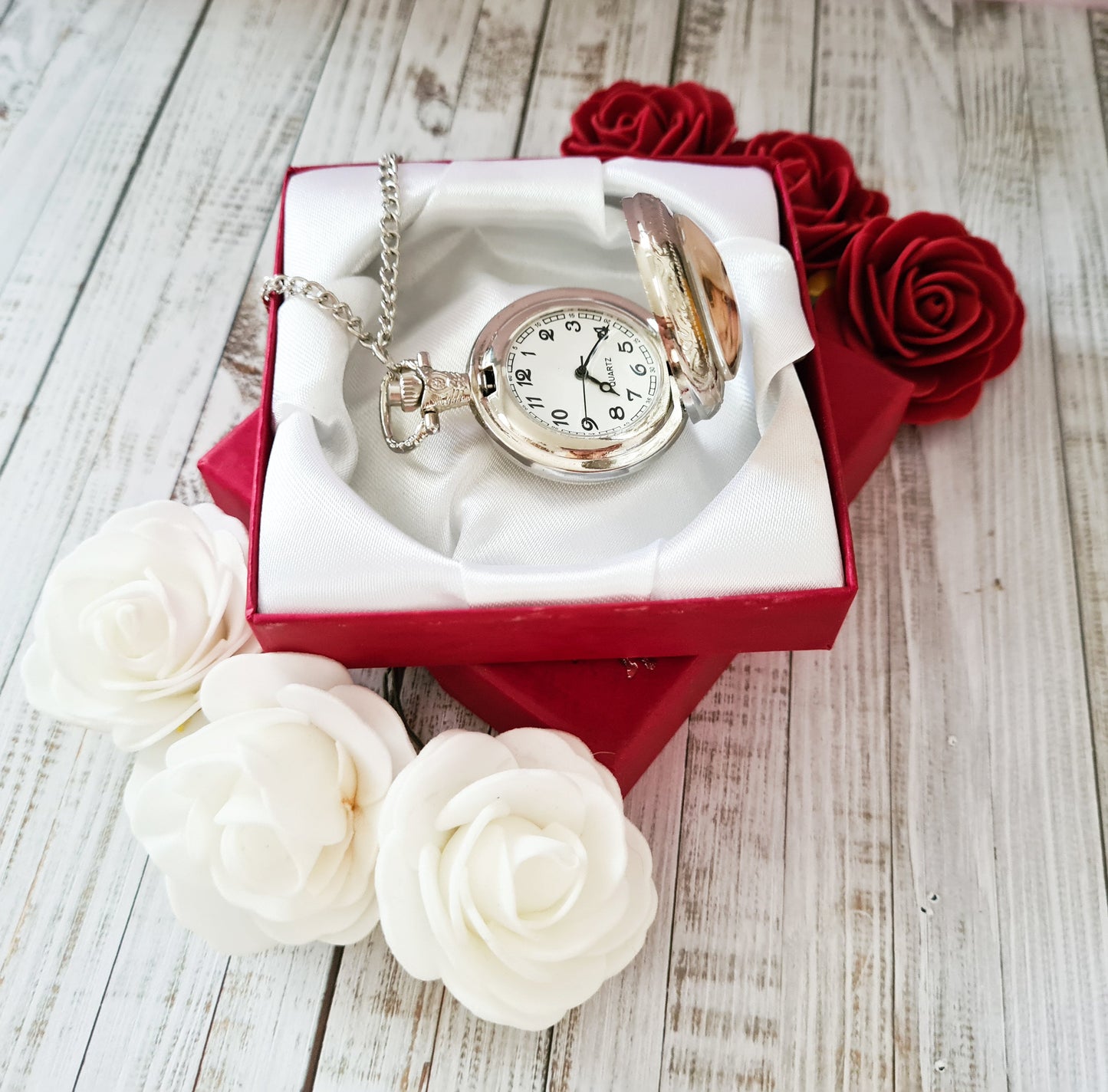 Silver pocket watch with chain personalised with photo set in glass inside a red gift box