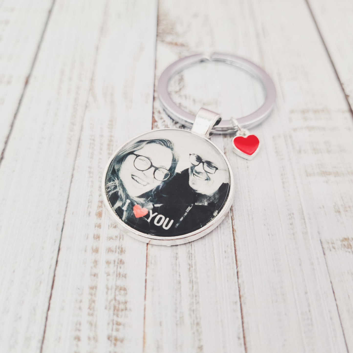 Silver key ring with heart charms personalised with photos set in glass