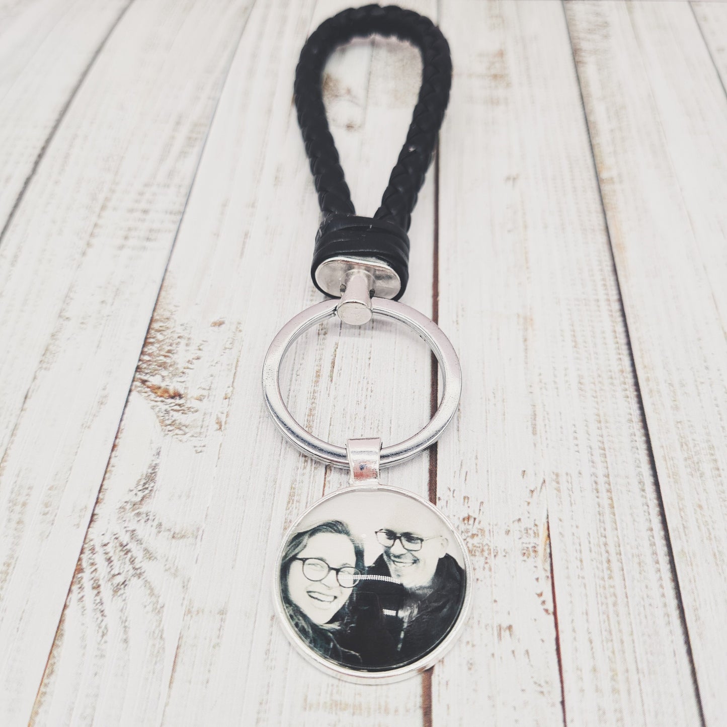 Black leather keyring with silver pendant and a personalised photo in glass