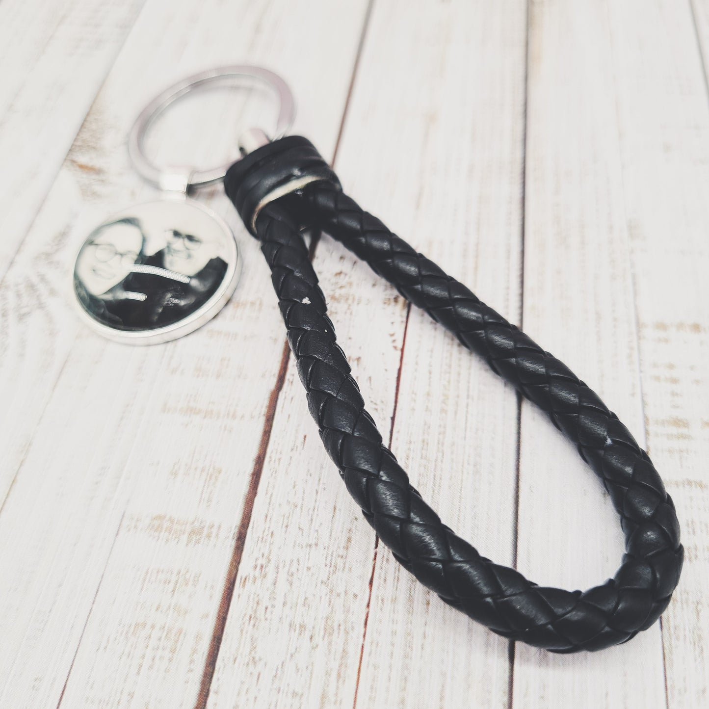 Black leather keyring with silver pendant and a personalised photo in glass