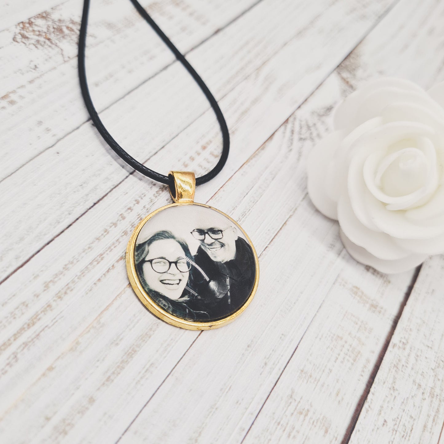 Wax cord necklace and gold pendant personalised with a photo set in glass