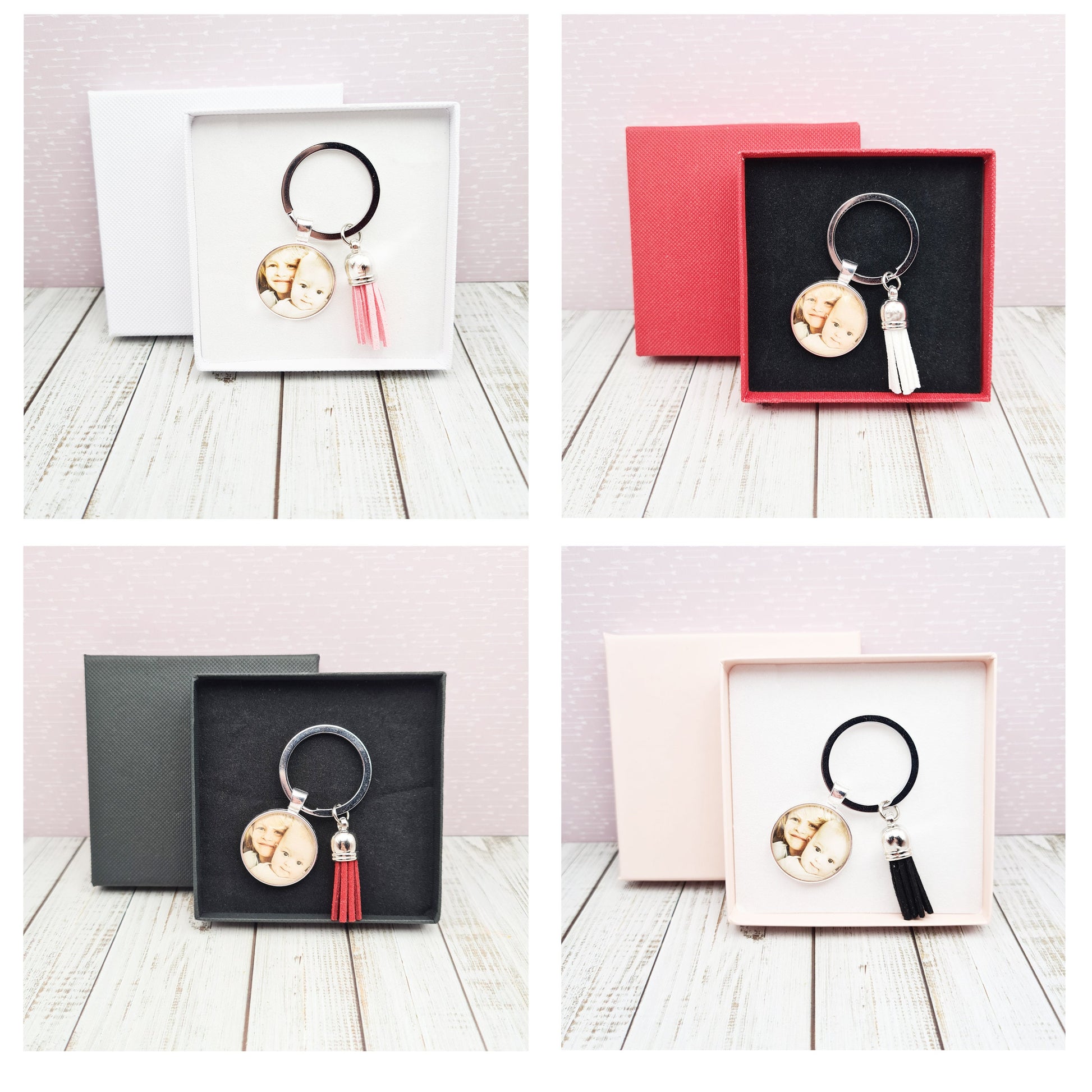 Silver key ring with pendant personalised with a photo and a tassel with multiple box colour options