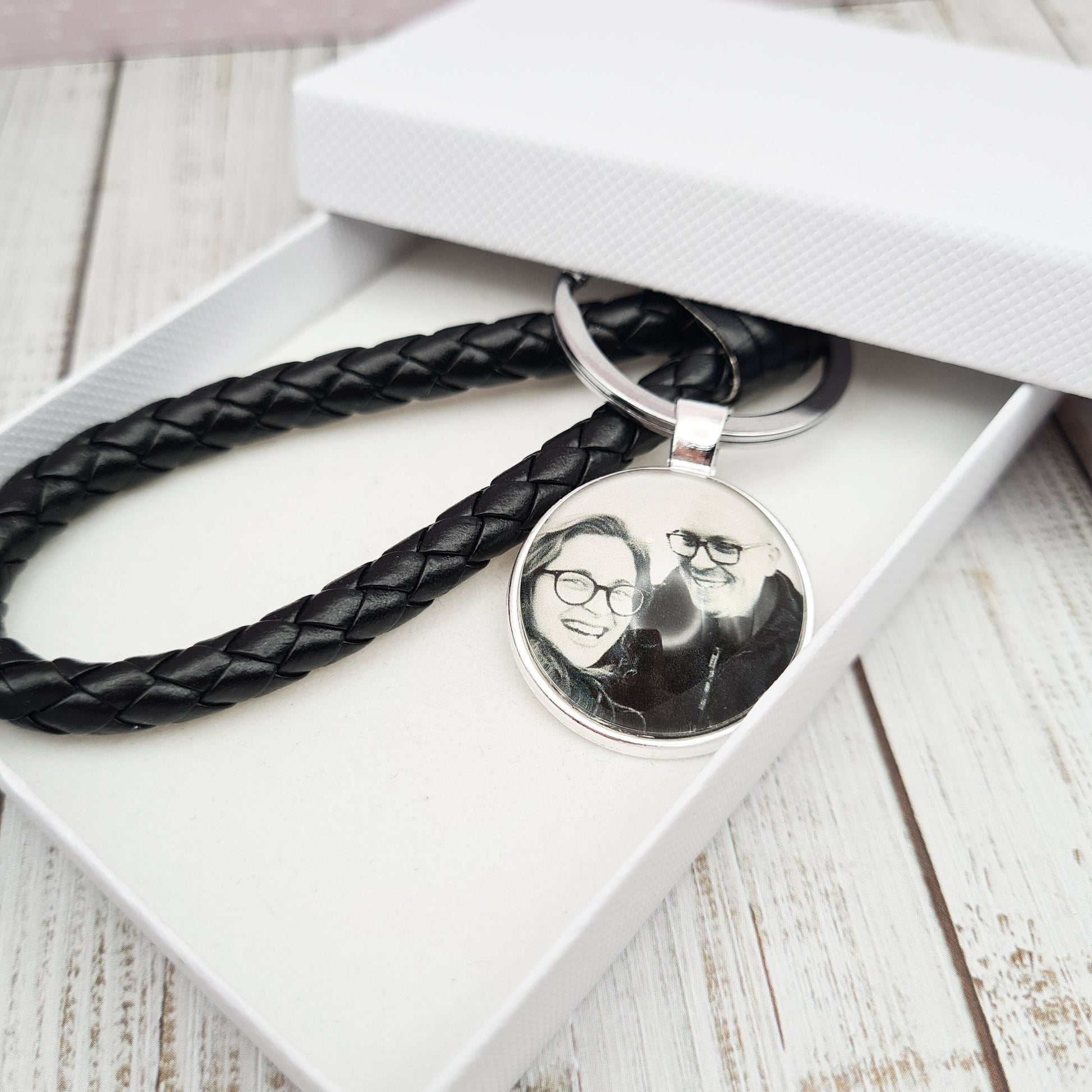 Black leather keyring with silver pendant and a personalised photo in glass