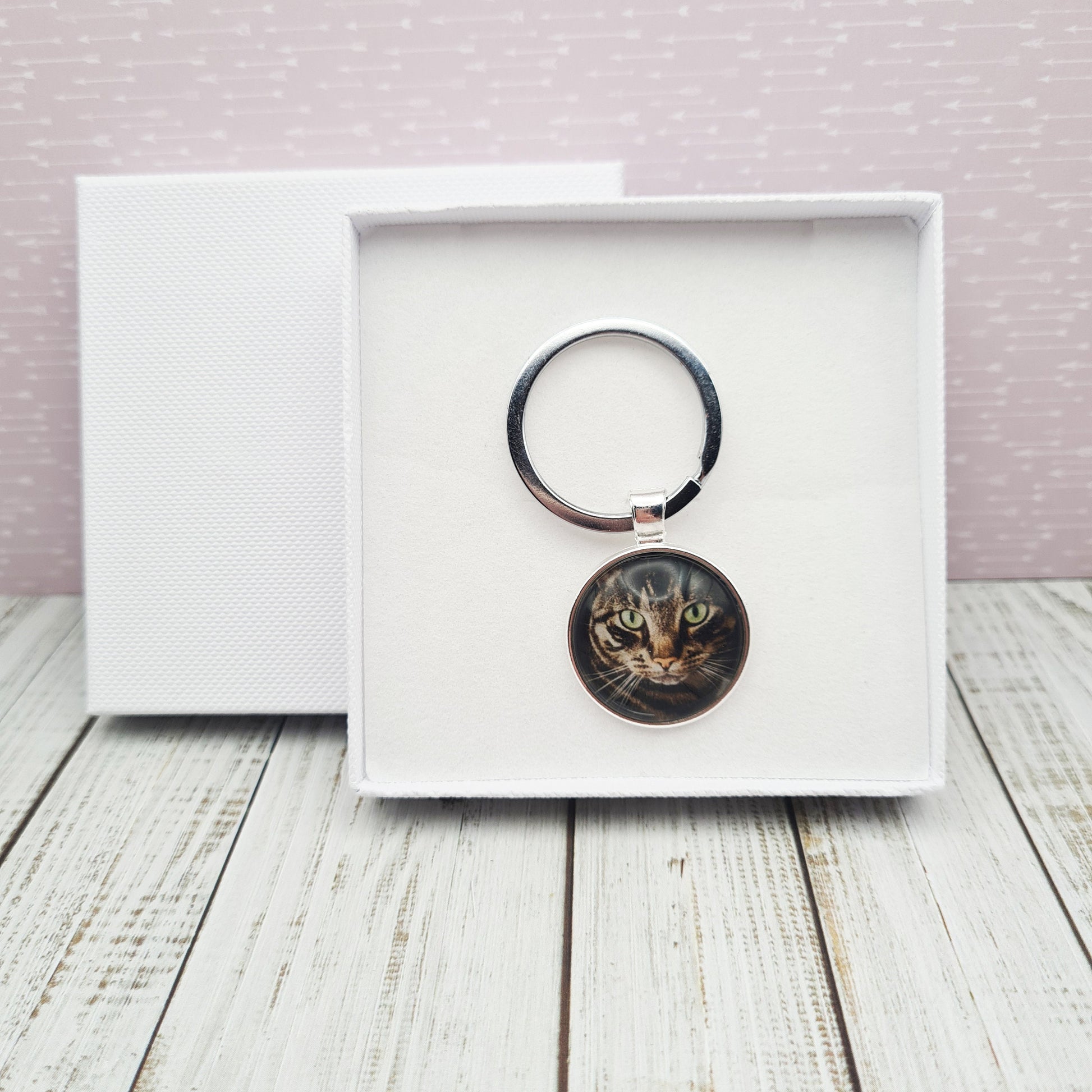Personalised stainless steel keyring with personalised pet photo set in glass inside a decorative box