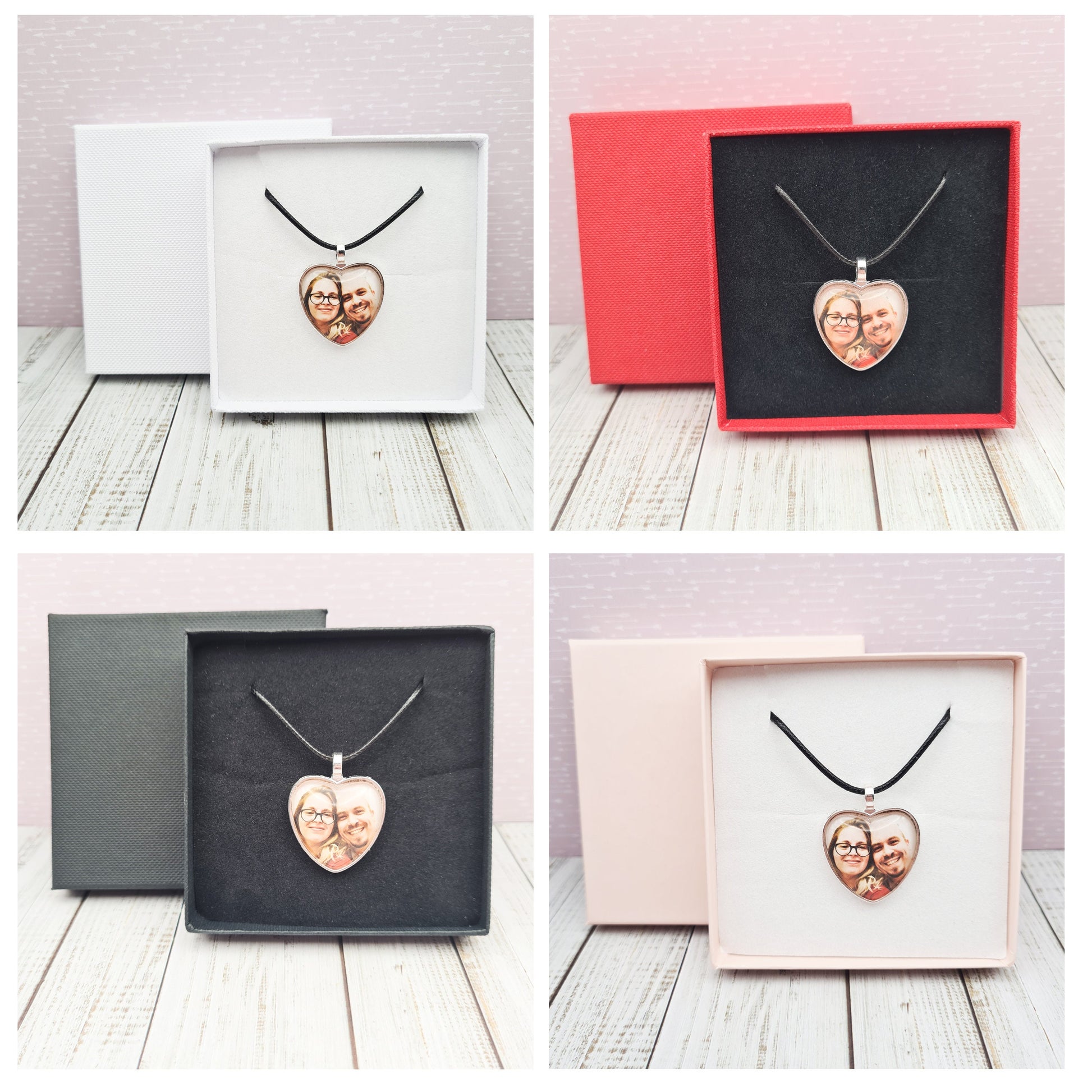 Silver heart shaped pendant with wax cord with a personalised photo set in glass in different coloured boxes