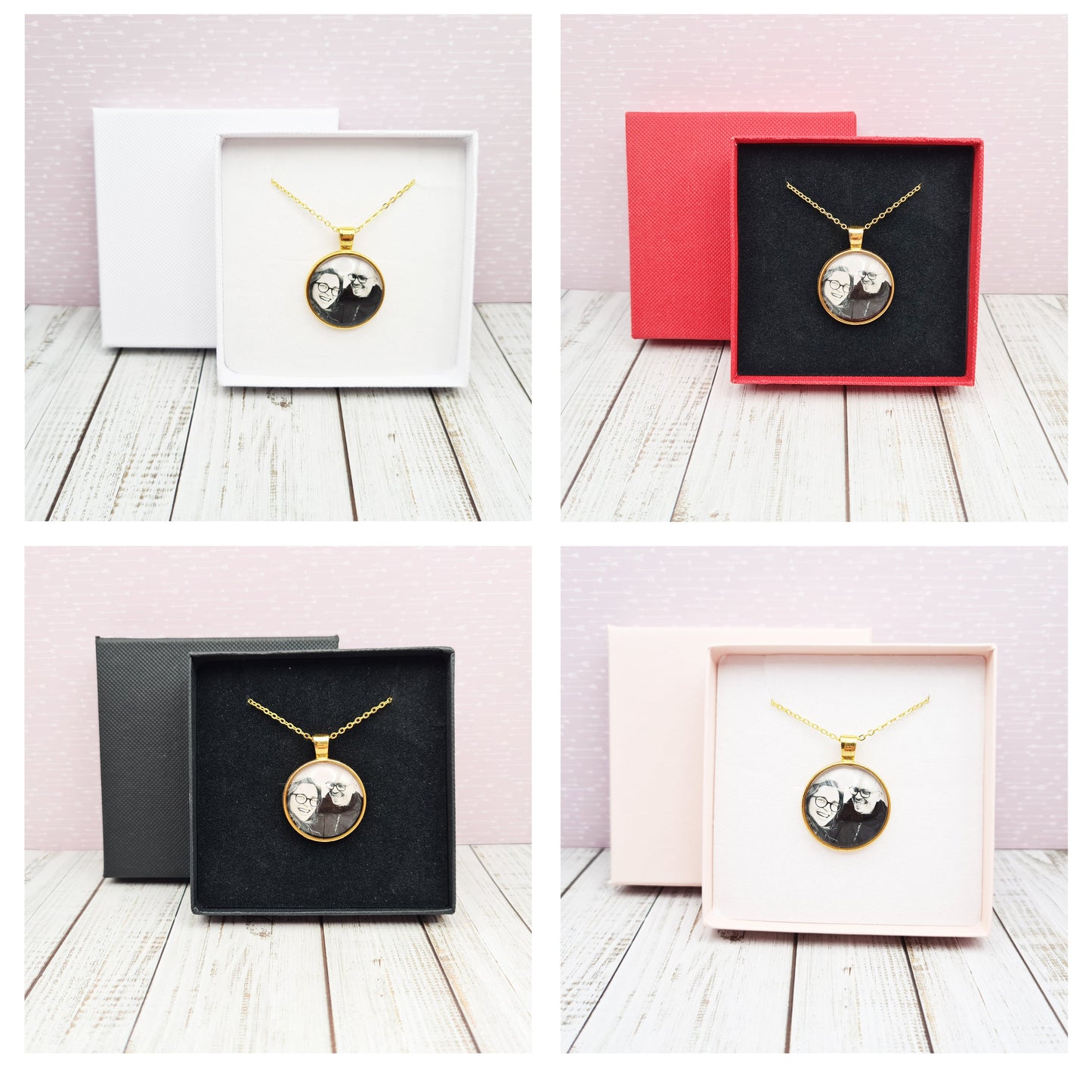 Gold necklace and pendant personalised with a photo set in glass with multiple coloured boxes