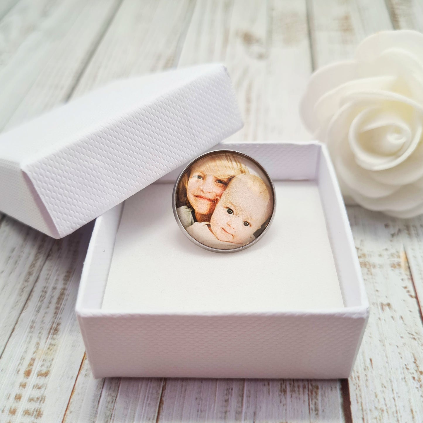 Lapel pin in box with personalised photo