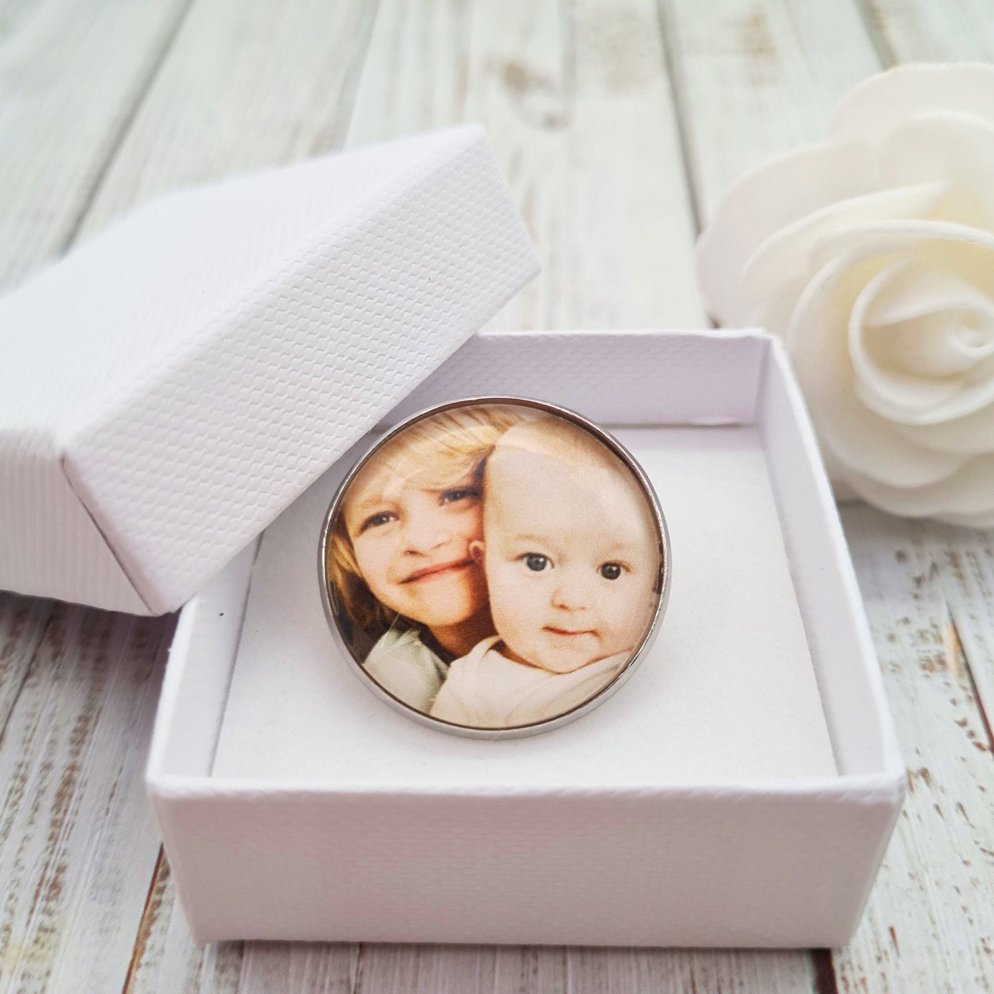 Lapel pin in box with personalised photo