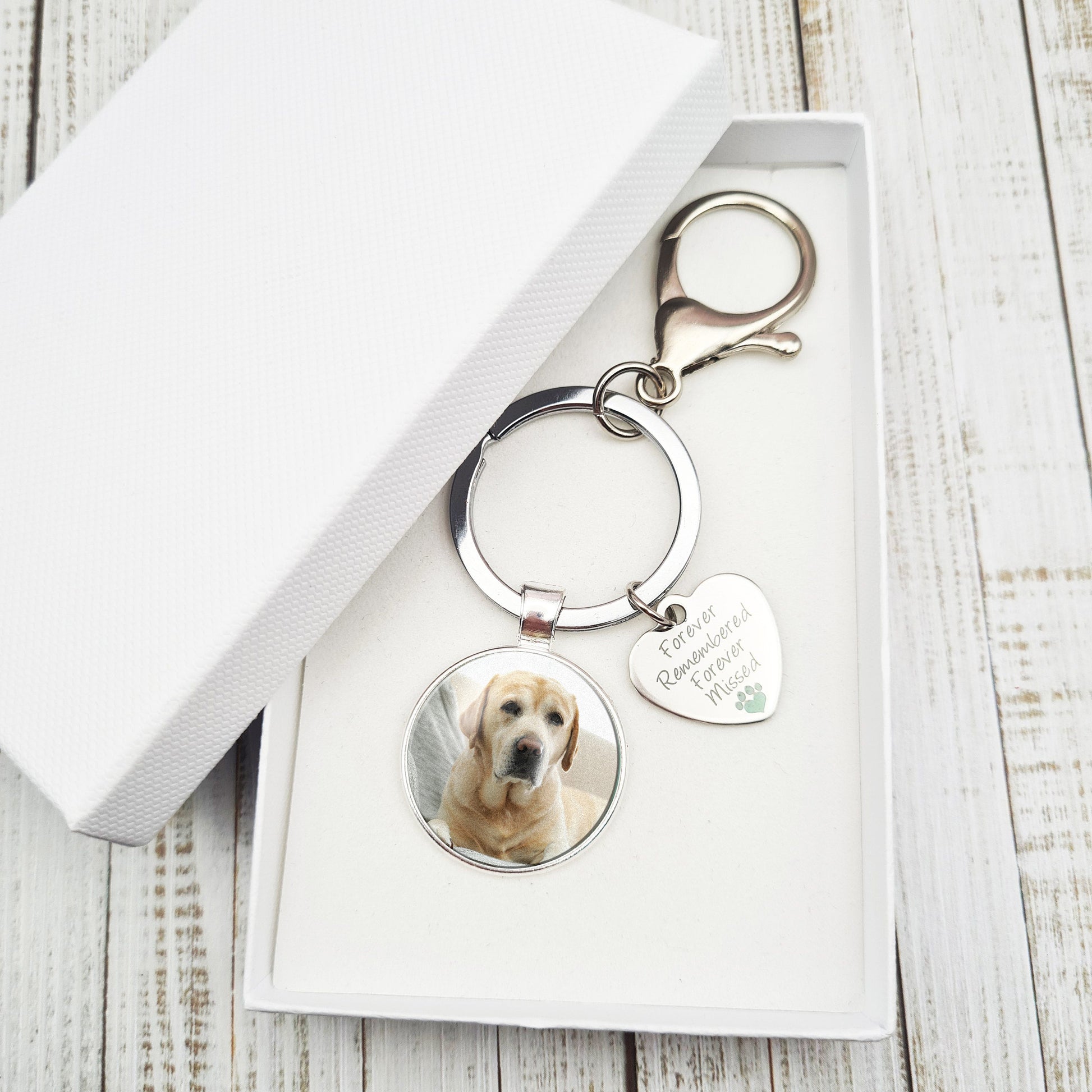 Memorial keyring with tag and personalised photo pendant in a white box