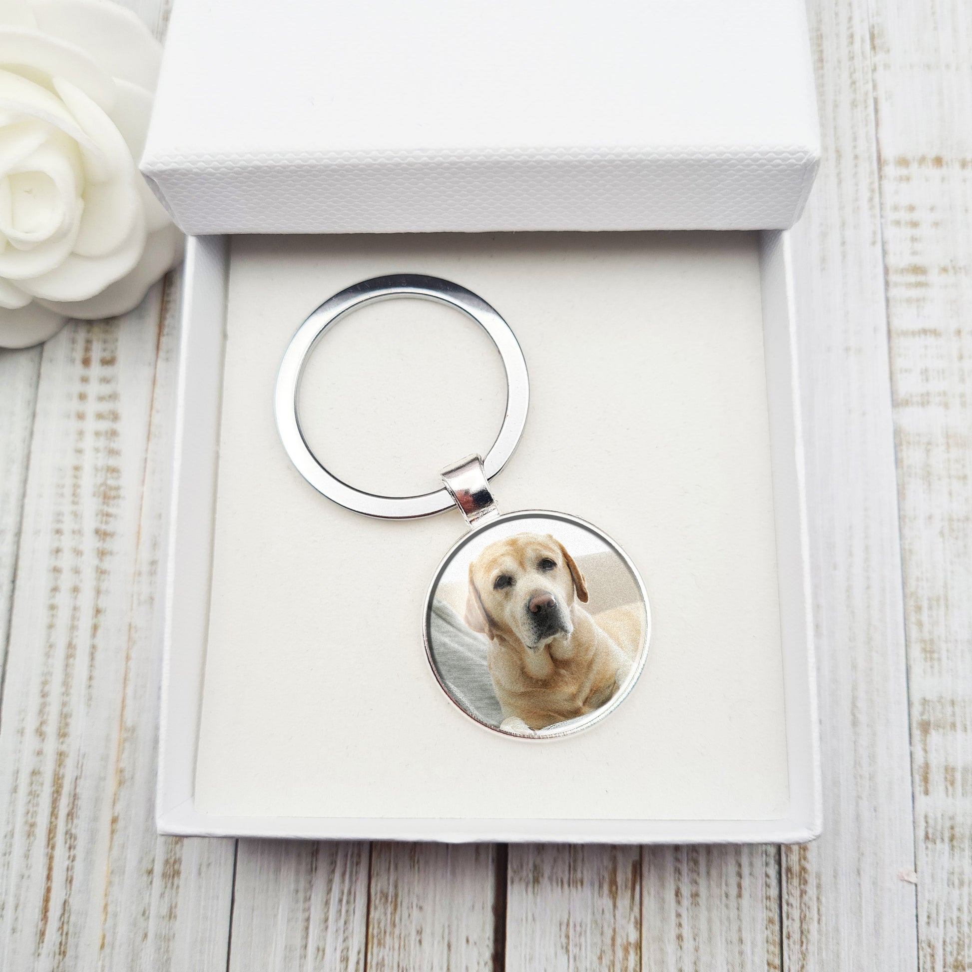 Memorial keyring and personalised photo pendant in a white box