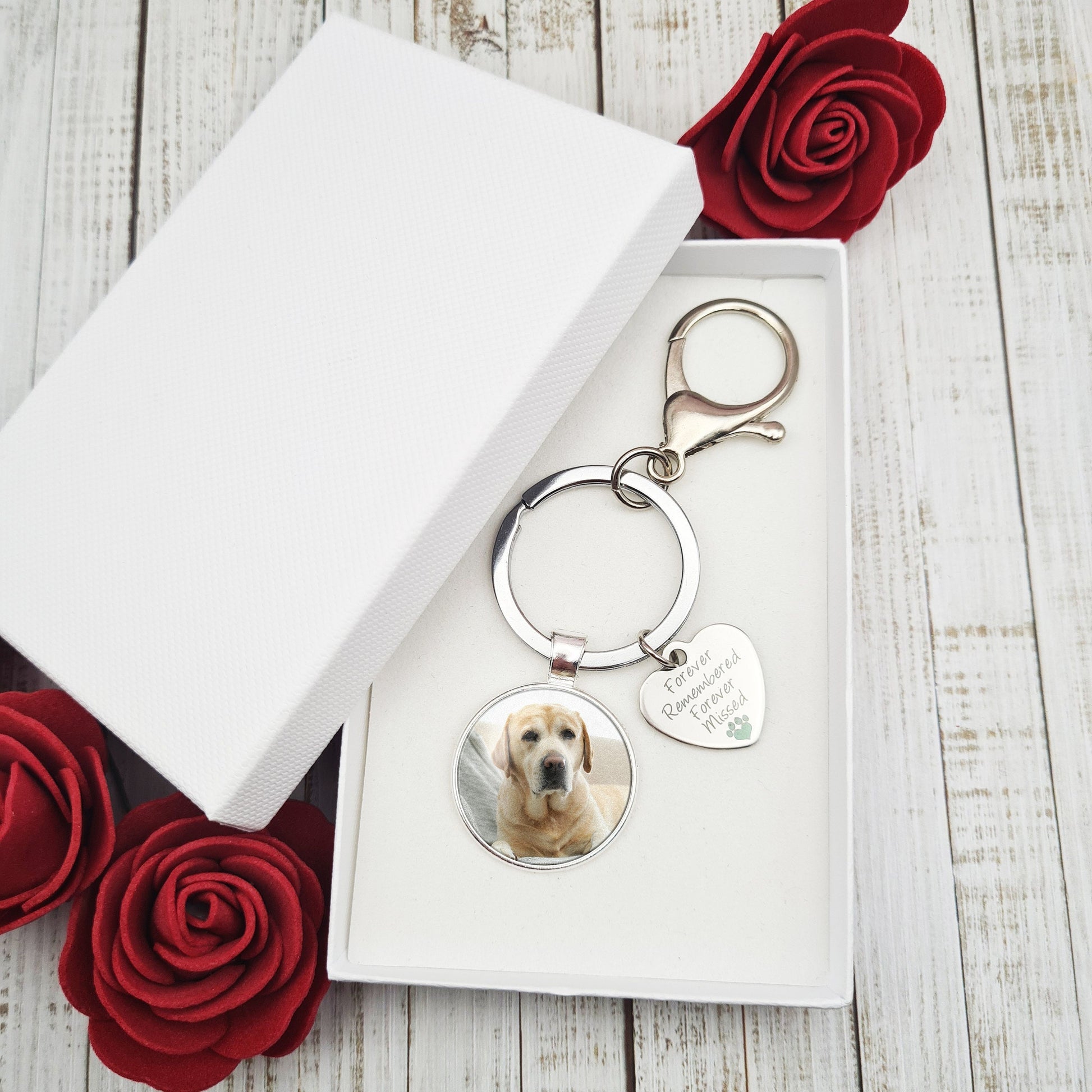 Memorial keyring with tag and personalised photo pendant in a white box