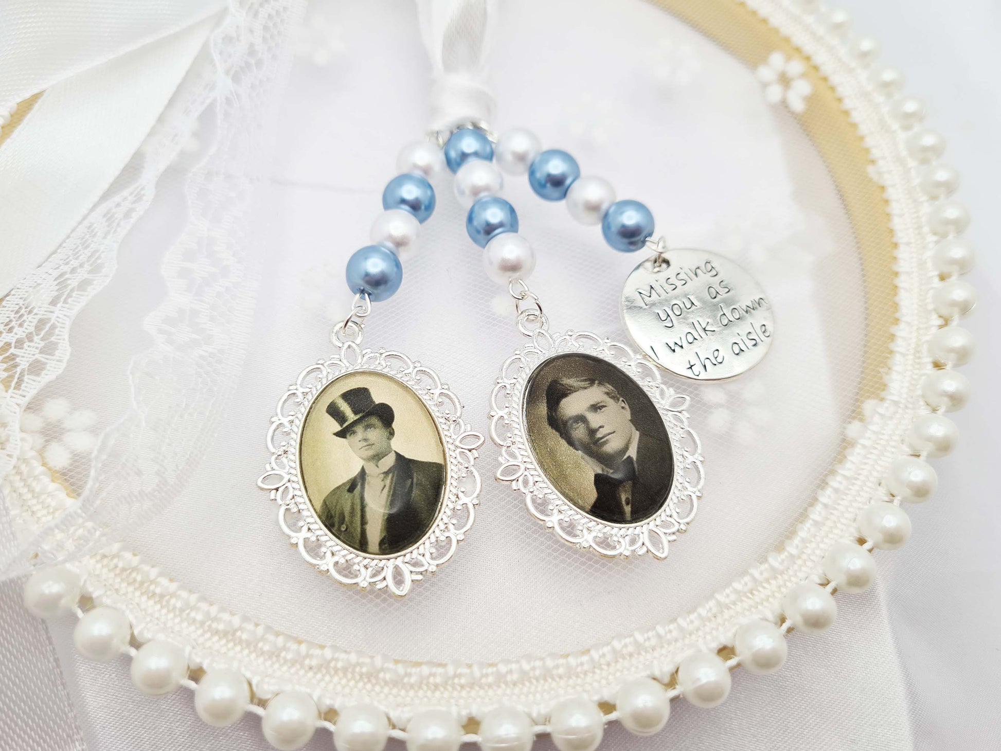 Wedding Bouquet Charms with Photos and White Pearls